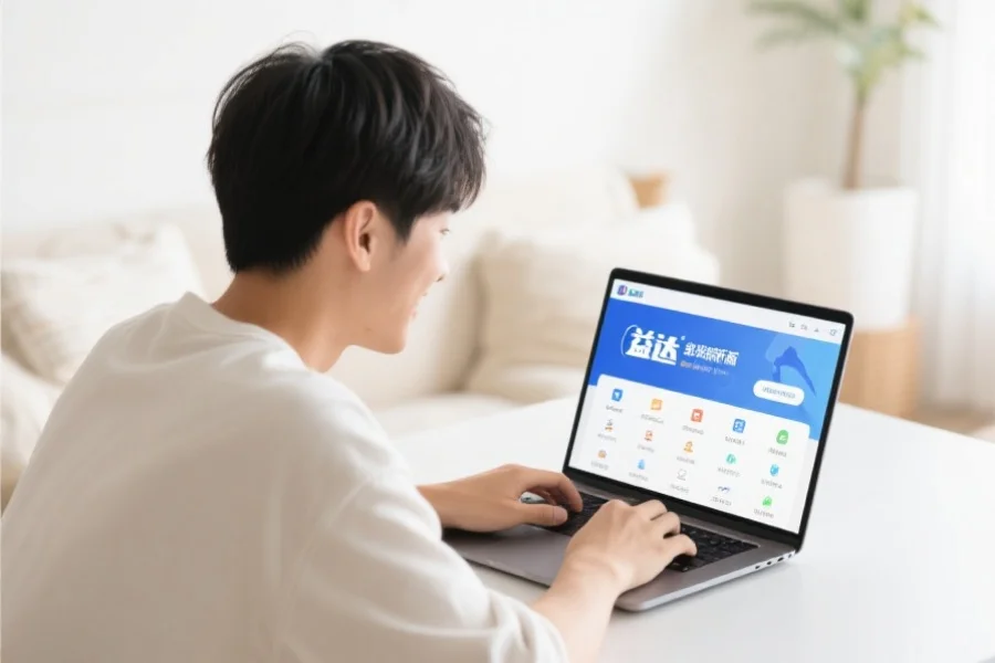 一位年轻用户在明亮舒适的室内环境中愉快地使用笔记本电脑,屏幕上展示星欧客户端新版界面